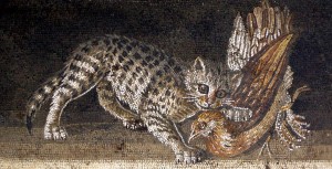 Floor mosaic from House of the Faun, Pompeii.Cat with bird. Ducks and sea life. Museo Archeologico Nazionale Napoli Inv. 9993